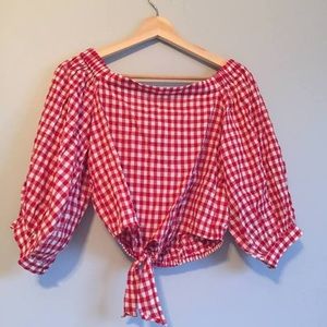 off the shoulder checkered crop top